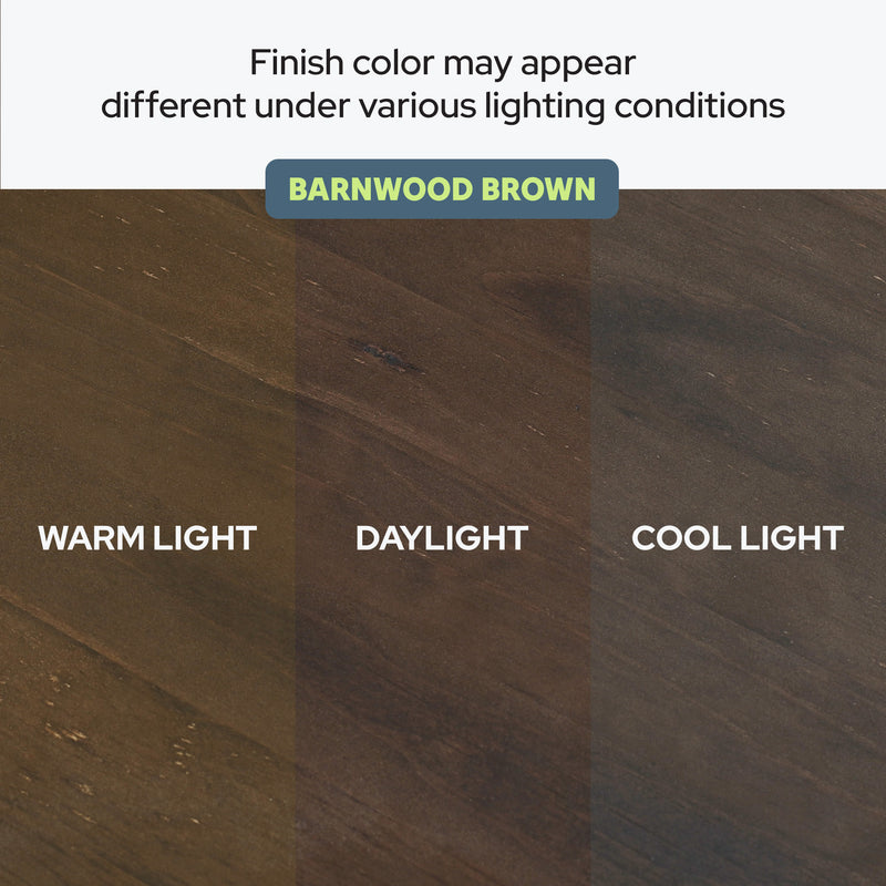 Barnwood brown finish color variations under warm light, daylight, and cool light conditions.
