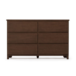 Dark brown six-drawer wooden dresser in minimalist modern style for bedroom storage, short tapered legs