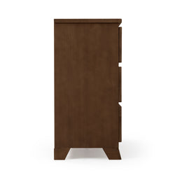 Side view of a brown solid wood three-drawer dresser with mid-century modern tapered legs and recessed handles on a white background