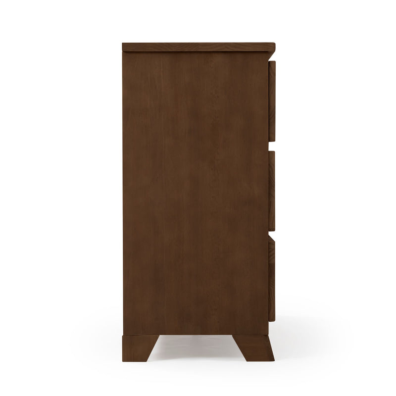 Side view of a brown solid wood three-drawer dresser with mid-century modern tapered legs and recessed handles on a white background