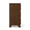 Side view of a brown solid wood three-drawer dresser with mid-century modern tapered legs and recessed handles on a white background