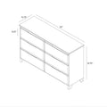 52-inch six-drawer dresser schematic, 52 in W x 15.75 in D x 32.75 in H, line drawing of mid-century modern low-profile bedroom storage cabinet