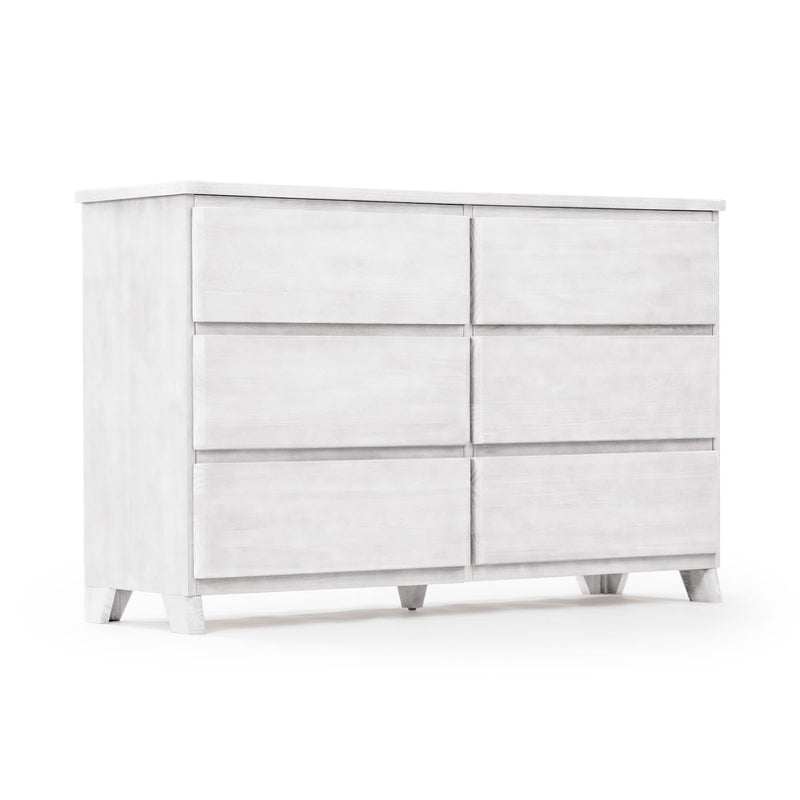 White 6-drawer wooden dresser with tapered mid-century legs, modern minimalist bedroom storage chest with matte white finish