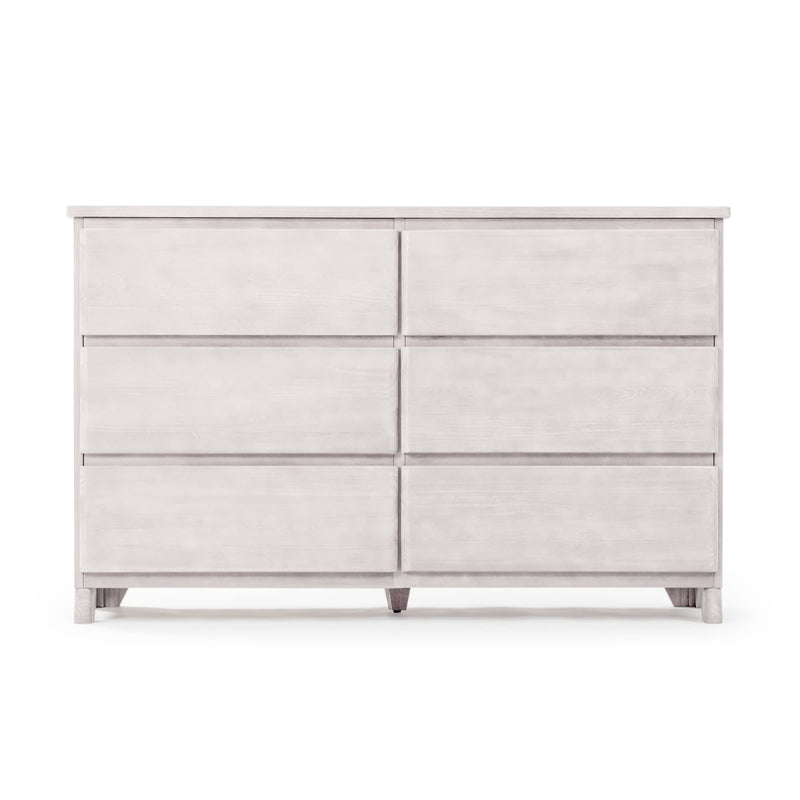 White wooden 6-drawer modern minimalist dresser with tapered legs, spacious bedroom storage solution