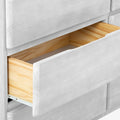 Open white wooden dresser drawer with natural pine interior and metal slide, modern farmhouse bedroom storage chest of drawers