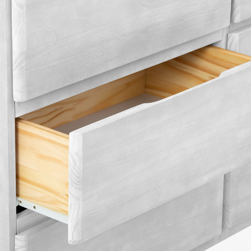 Open white wooden dresser drawer with natural pine interior and metal slide, modern farmhouse bedroom storage chest of drawers