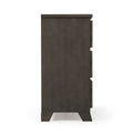 Side view of a dark wood tall dresser chest of drawers with angled legs, modern bedroom furniture on white background