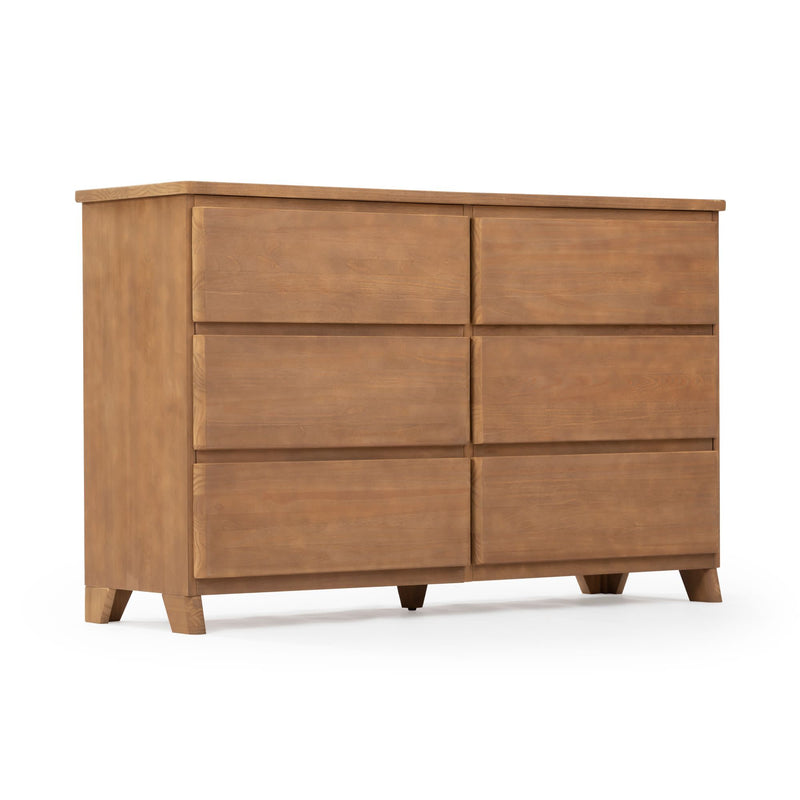 Wooden six-drawer dresser with a natural finish, ideal for bedroom storage and modern decor.