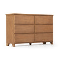 Wooden six-drawer dresser with a natural finish, ideal for bedroom storage and modern decor.