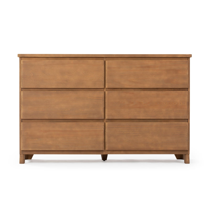 Modern wooden dresser with six spacious drawers for bedroom storage.