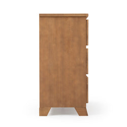 Side view of a wooden dresser with modern design and natural finish for bedroom furniture decor.