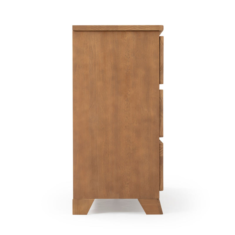 Side view of a wooden dresser with modern design and natural finish for bedroom furniture decor.