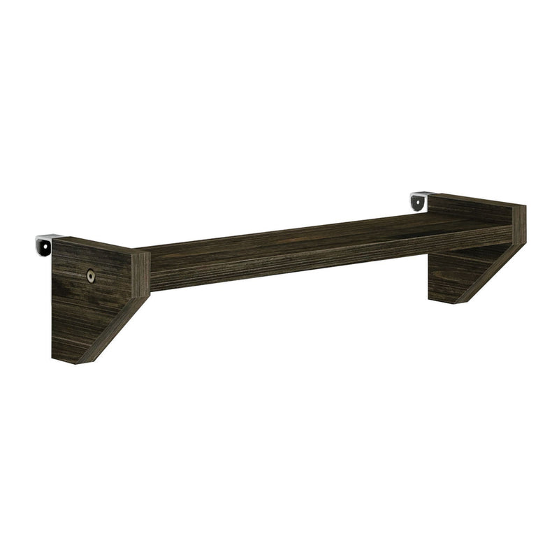 Wall-mounted wooden shelf with dark finish for home storage and decor.