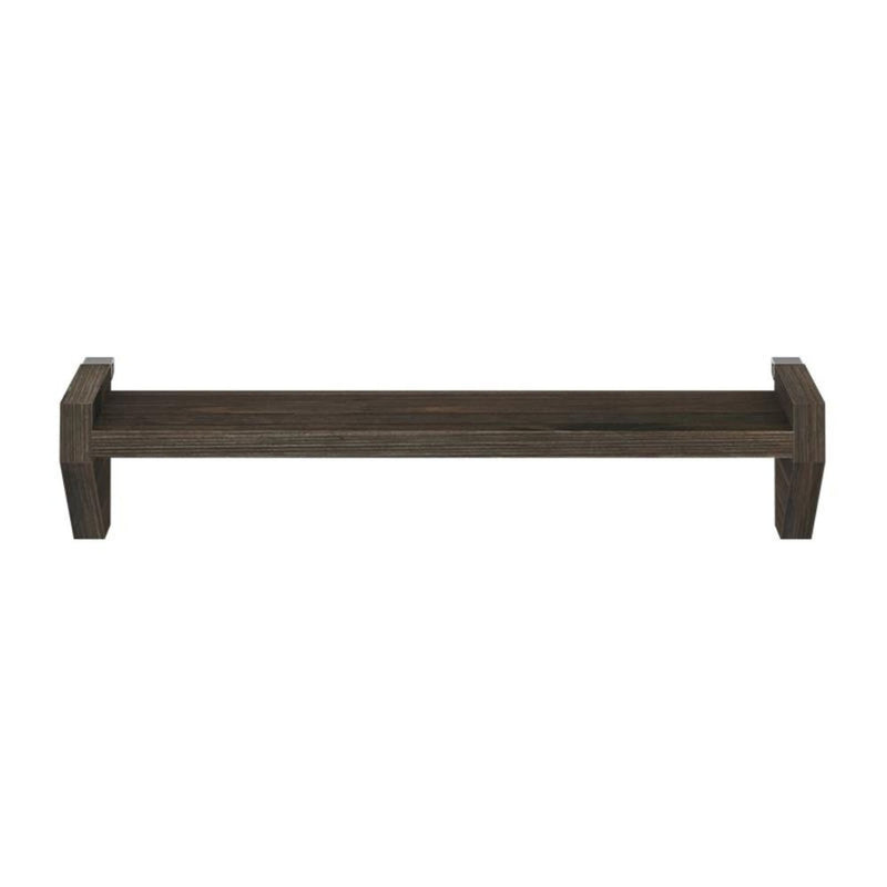 Dark wood wall-mounted floating shelf with minimalist design.