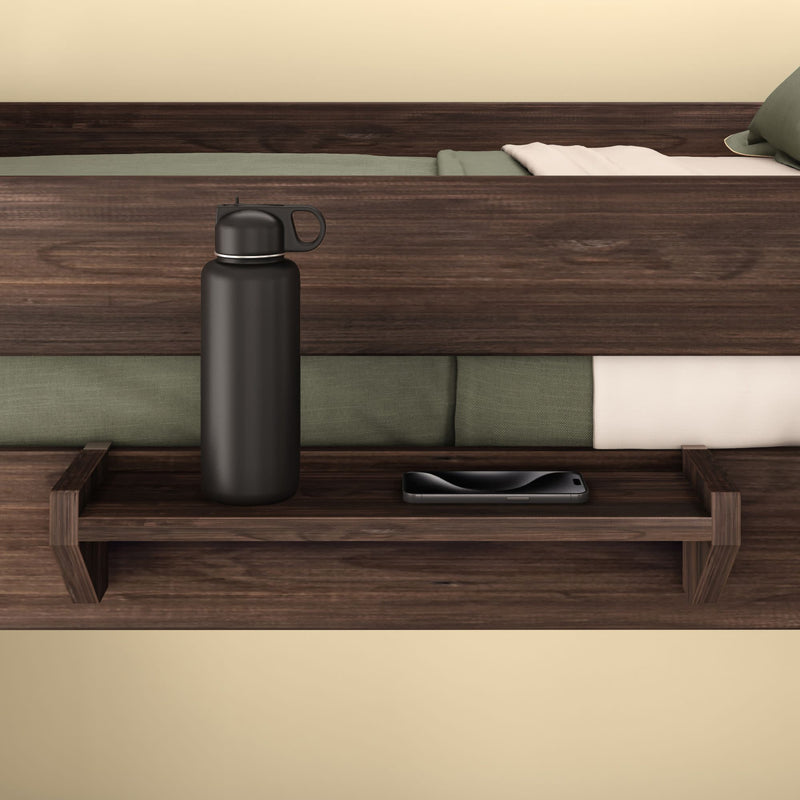 Wooden bedside shelf with black bottle and smartphone, perfect for modern bedroom decor.