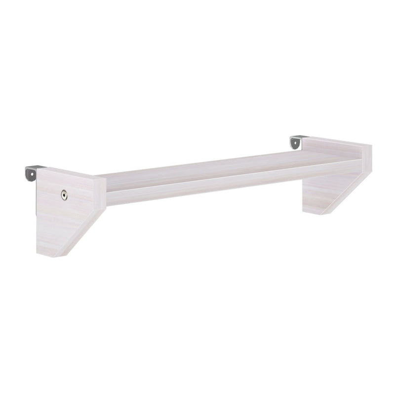 Floating wall shelf with light wood finish against white background.
