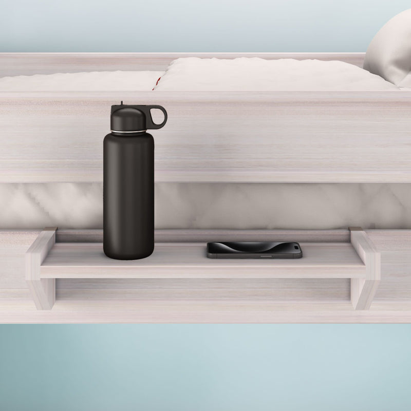 Bunk bed shelf with a black water bottle and smartphone, ideal for space-saving bedroom storage.