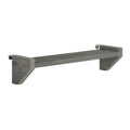 Floating wall shelf in rustic gray wood finish with metal mounting brackets.