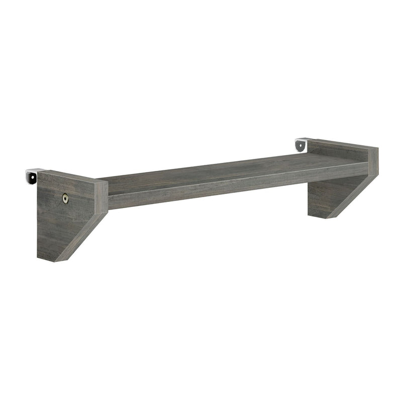 Floating wall shelf in rustic gray wood finish with metal mounting brackets.