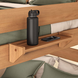 Wall-mounted wooden bedside shelf with black water bottle and smartphone, ideal for space-saving bedroom organization.