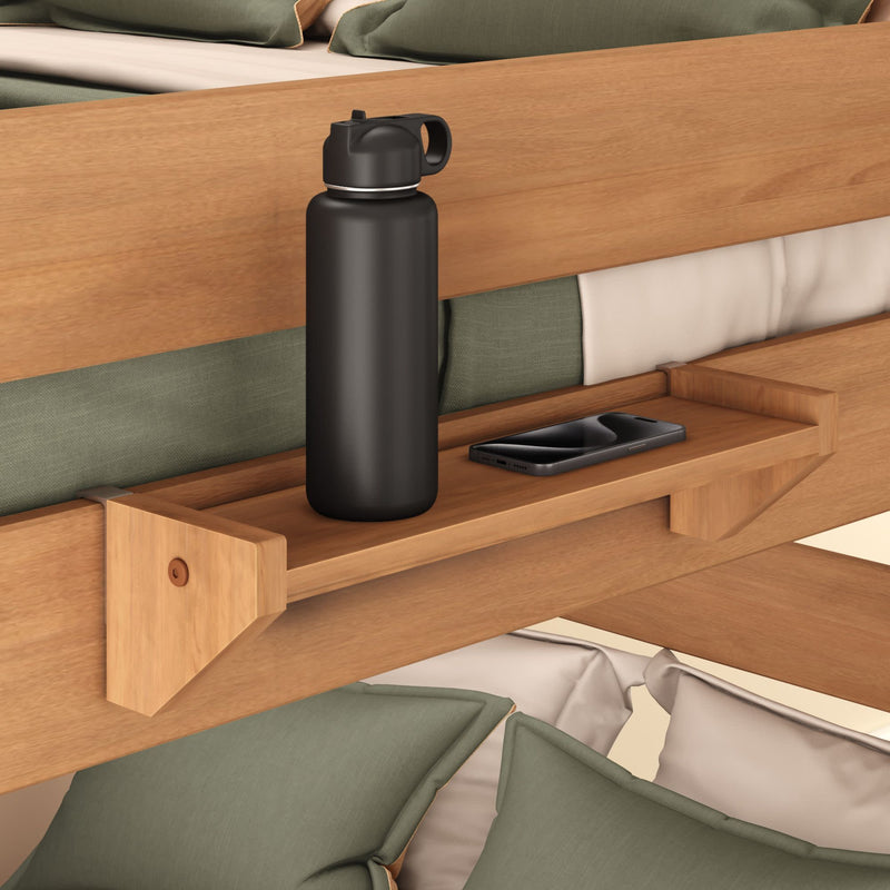 Wall-mounted wooden bedside shelf with black water bottle and smartphone, ideal for space-saving bedroom organization.
