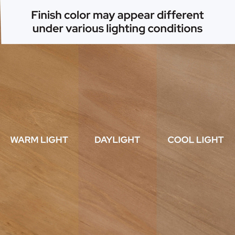 Wood finish color variations under different lighting conditions: warm light, daylight, and cool light.