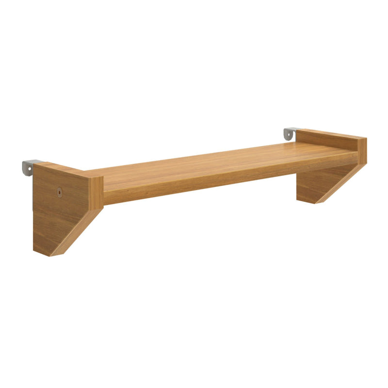 Wooden wall shelf with modern design and metal brackets for home decor and storage.