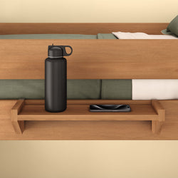 Wooden bedside shelf with black water bottle and smartphone, ideal for modern bedroom organization.
