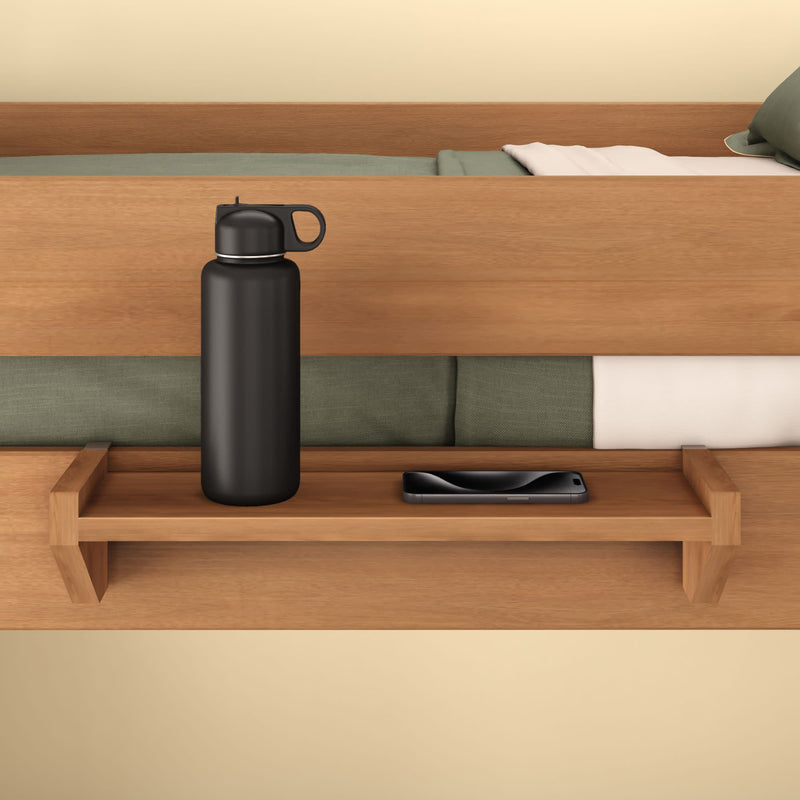 Wooden bedside shelf with black water bottle and smartphone, ideal for modern bedroom organization.