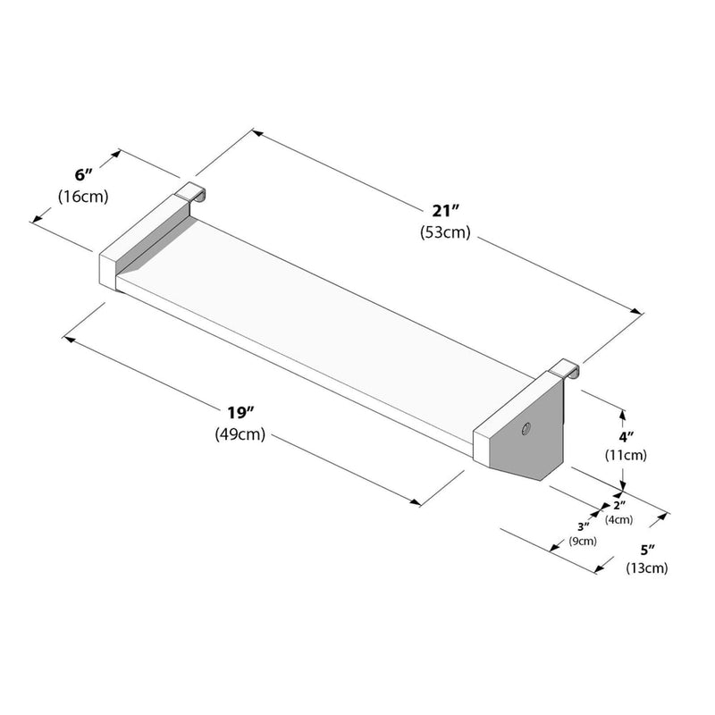 Wall shelf dimensions diagram, 21-inch width, 19-inch depth, 4-inch height, home storage solution.