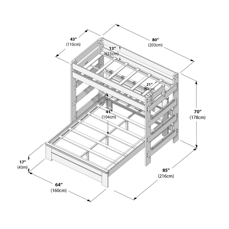 Twin-over-full bunk bed frame isometric assembly diagram with dimensions in inches and centimeters (80 x 85 x 70 in / 203 x 216 x 178 cm), showing slatted platforms, ladder, guardrails, and support slats