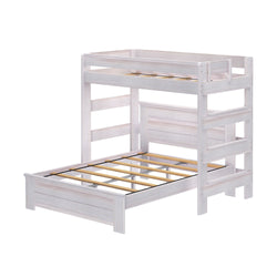 White wooden twin-over-full bunk bed with ladder, space-saving kids bedroom furniture.
