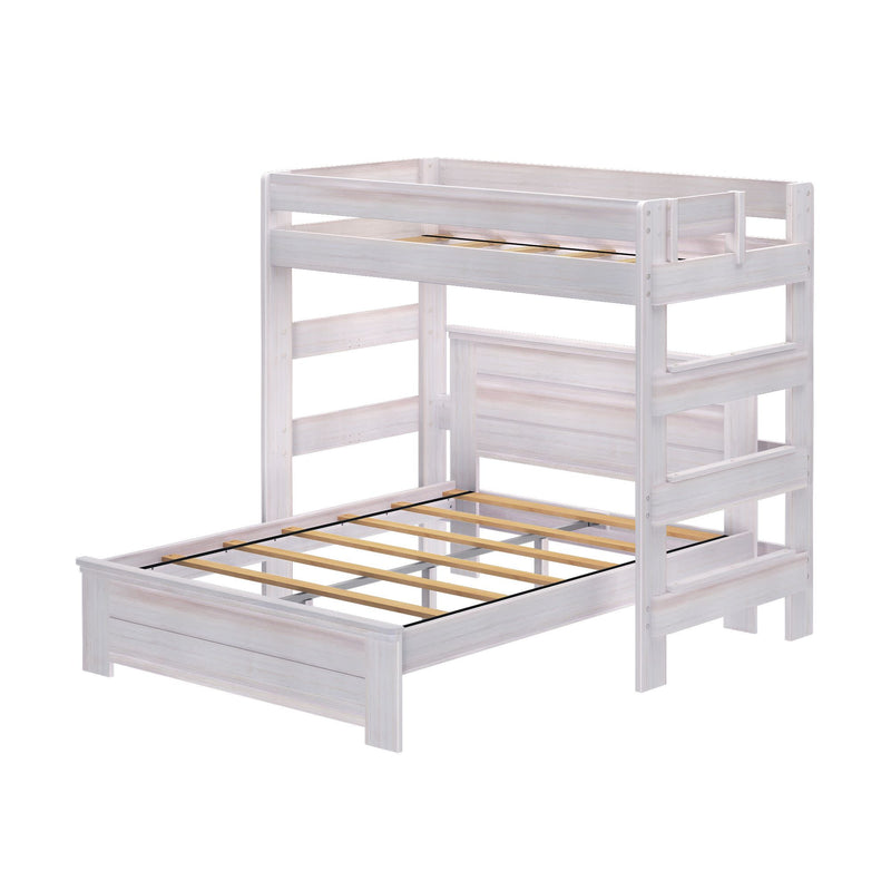White wooden twin-over-full bunk bed with ladder, space-saving kids bedroom furniture.
