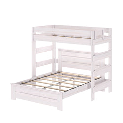 White twin-over-full wooden bunk bed frame with ladder and guardrails, slatted platform for mattresses, space-saving kids bedroom furniture in a modern farmhouse white finish