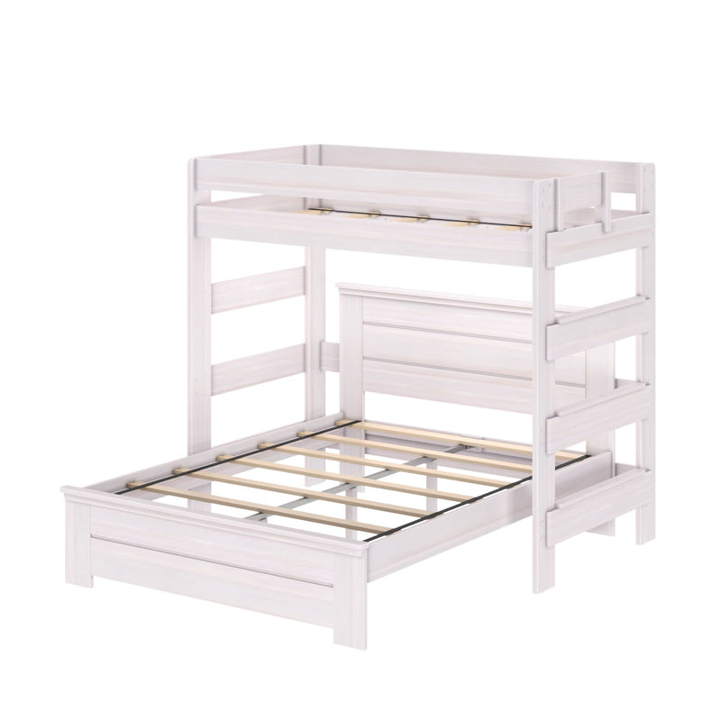White twin-over-full wooden bunk bed frame with ladder and guardrails, slatted platform for mattresses, space-saving kids bedroom furniture in a modern farmhouse white finish