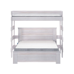 White wood twin over full bunk bed with storage ladder and mattresses.