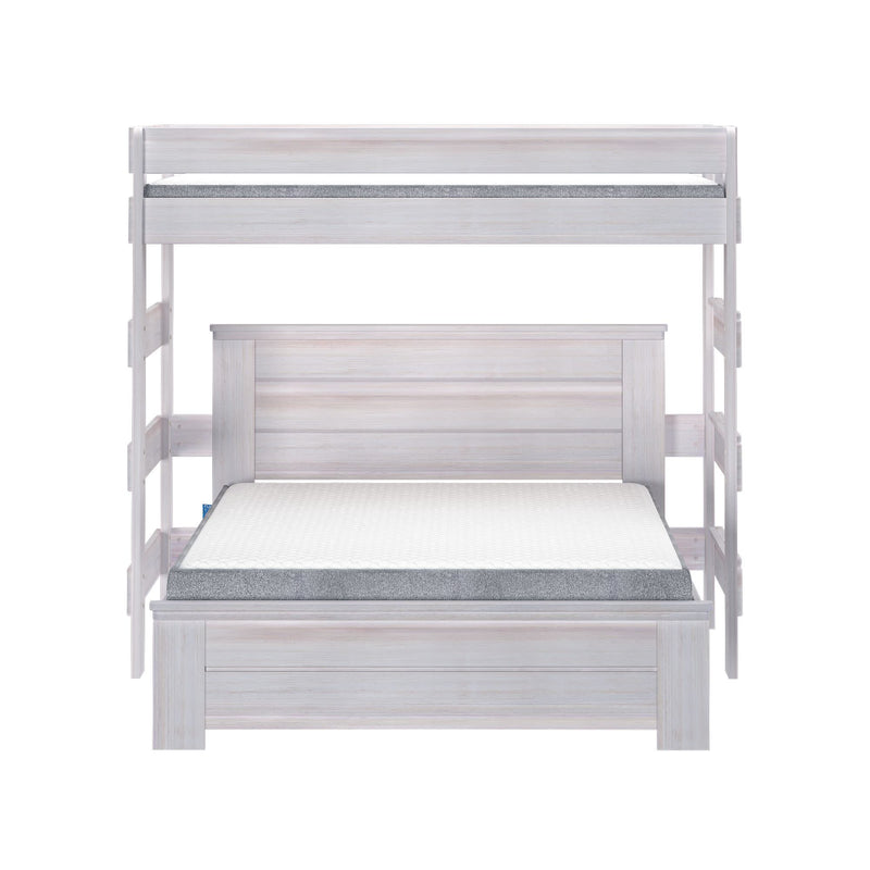 White wood twin over full bunk bed with storage ladder and mattresses.