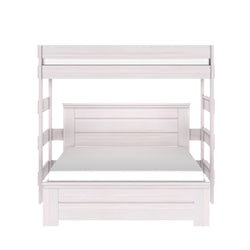 Whitewashed solid wood twin-over-full bunk bed with ladder and paneled headboard, modern farmhouse style, front view