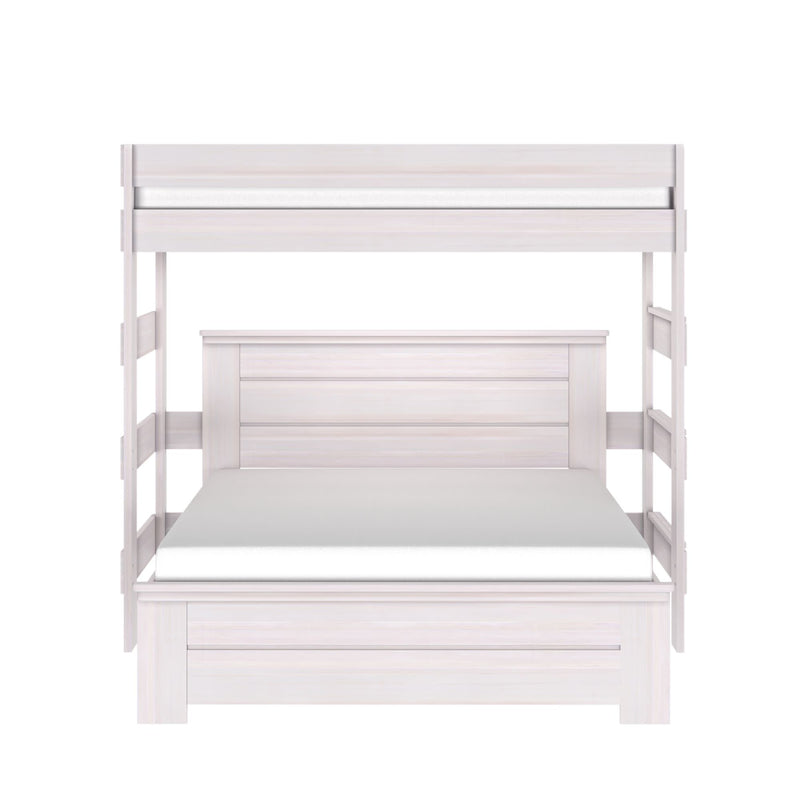 Whitewashed solid wood twin-over-full bunk bed with ladder and paneled headboard, modern farmhouse style, front view