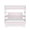 Whitewashed solid wood twin-over-full bunk bed with ladder and paneled headboard, modern farmhouse style, front view