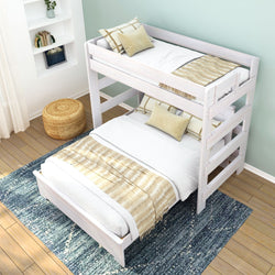 Stylish white wooden bunk bed with beige and white bedding in modern bedroom decor.
