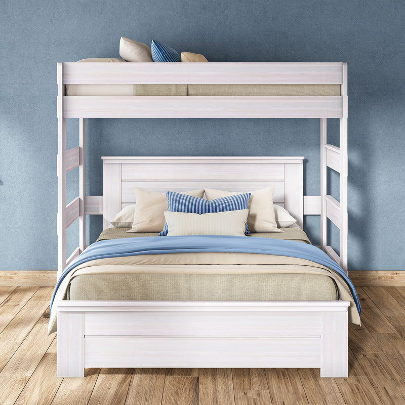 White wooden bunk bed with full-size lower bed and twin top bunk, blue and beige bedding and striped pillows on hardwood floor against a blue accent wall