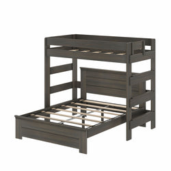 Dark gray wooden twin-over-full bunk bed with slatted platforms, integrated ladder and guardrails — sturdy space-saving kids' bedroom furniture