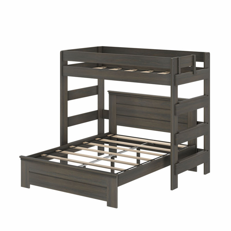 Dark gray wooden twin-over-full bunk bed with slatted platforms, integrated ladder and guardrails — sturdy space-saving kids' bedroom furniture