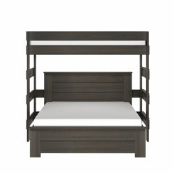 Dark wood twin-over-full bunk bed frame with side ladder and white mattresses, modern farmhouse style — front view