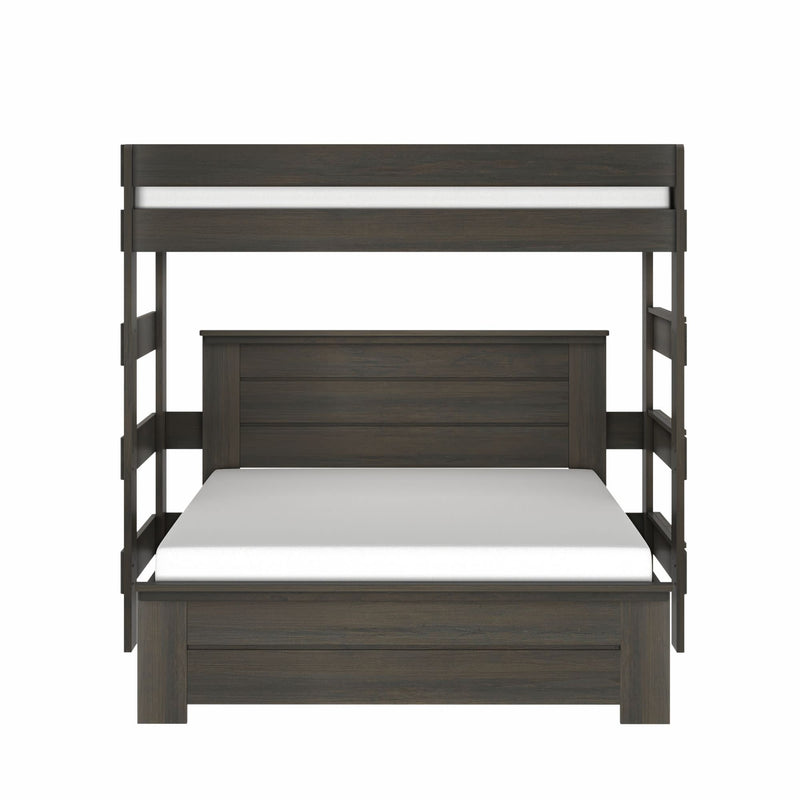 Dark wood twin-over-full bunk bed frame with side ladder and white mattresses, modern farmhouse style — front view
