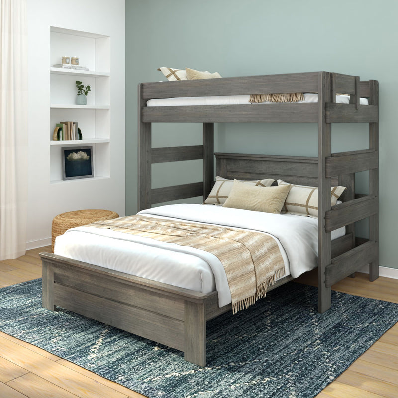 Wooden bunk bed with stylish design in a modern bedroom interior.