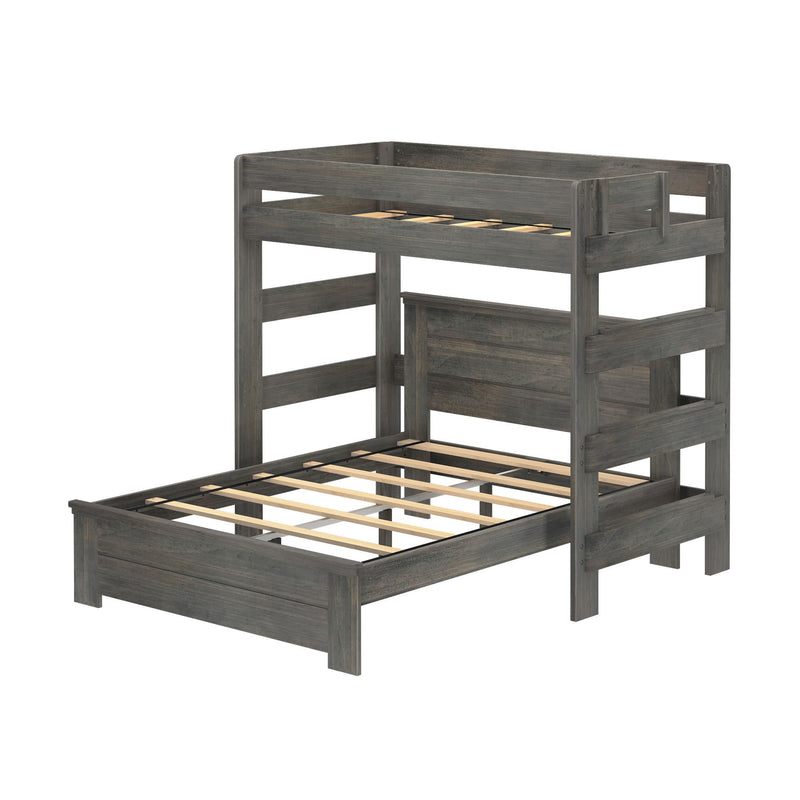 Rustic gray wooden bunk bed frame with slatted design for kids room.