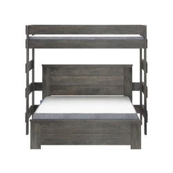 Wooden bunk bed with a charcoal finish featuring a twin over full design for space-saving bedroom solutions.