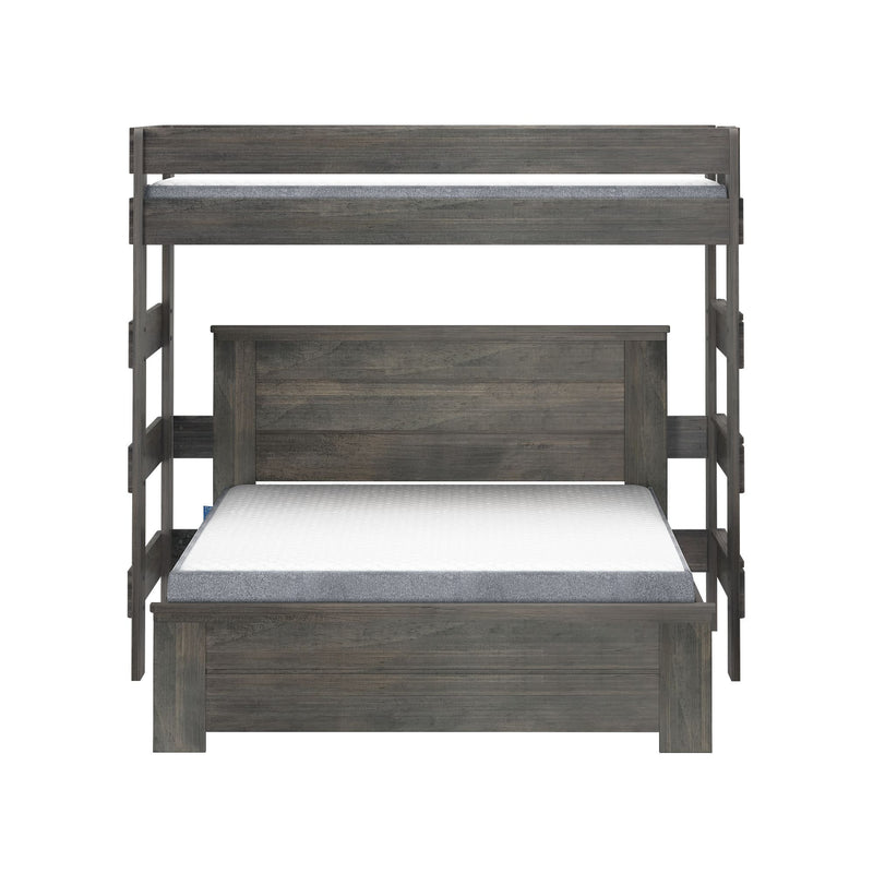 Wooden bunk bed with a charcoal finish featuring a twin over full design for space-saving bedroom solutions.